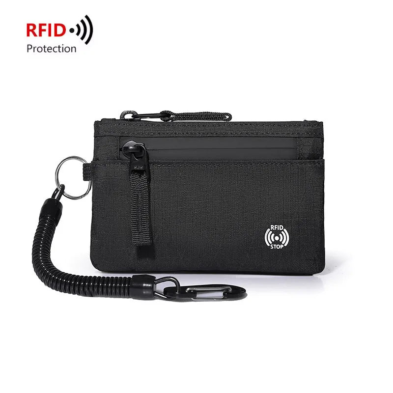 Tactical RFID Nylon Wallet – Slim EDC Card & Coin Case with Zipper + Carabiner
