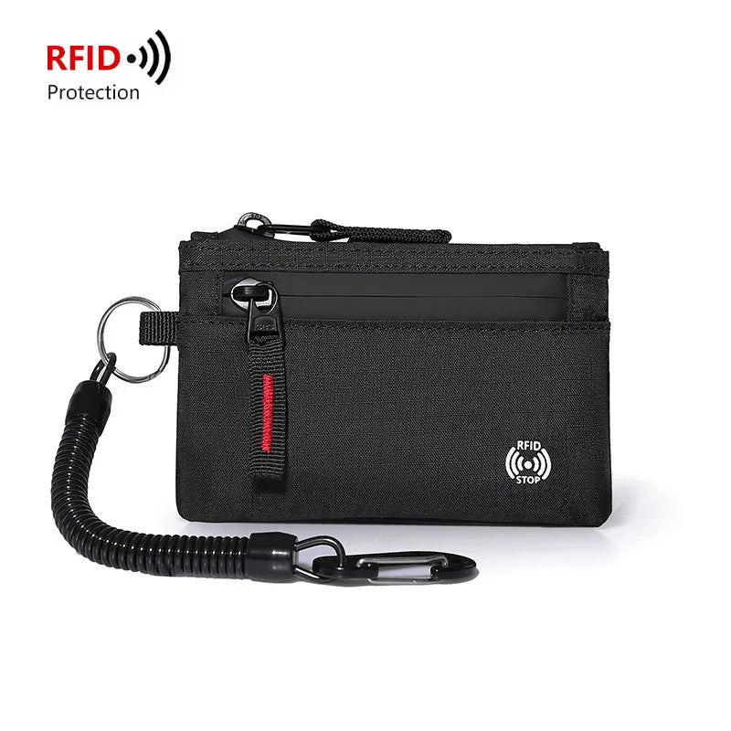 Tactical RFID Nylon Wallet – Slim EDC Card & Coin Case with Zipper + Carabiner